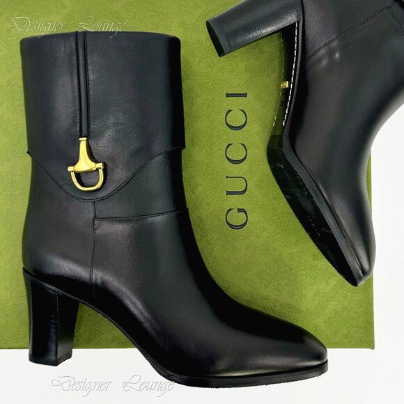 NEW GUCCI Elizabeth Half Horsebit Black Leather Mid-Calf Boots EU 38.5 / US 8.5